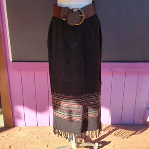 Black Maxi Skirt with Knitted Texture and Striped Hem